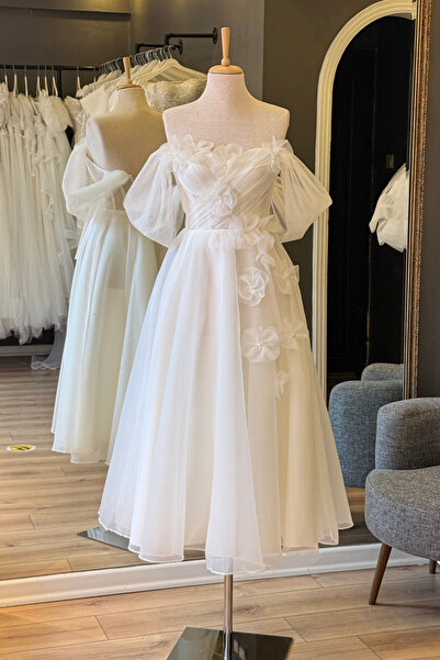 Lenta Moda Beyaz Drapeli Çiçekli Karolin Etek Midi Parti Elbisesi