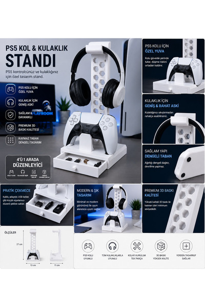 PS5 DualSense Kol ve Kulaklık Stand – Çekmeceli Masaüstü Organizer | Premium 3D Baskı