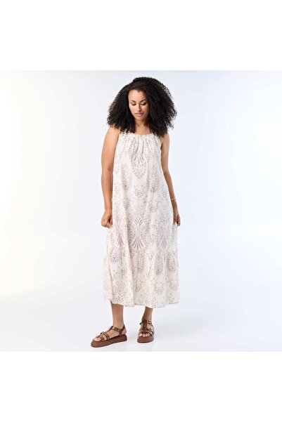 KIABI Printed Long Strap Dress BEIGE
