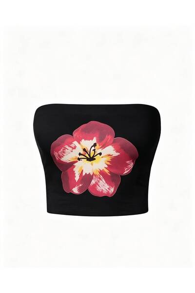 Generic Brand Crop negru fără bretele cu imprimeu Bloom Blossom
