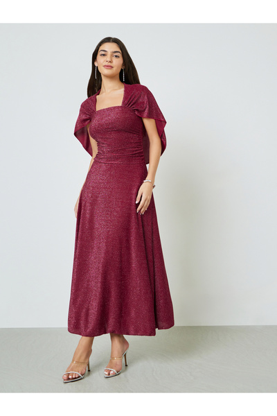 Take Two By Styli Burgundy Sparkle A-Line Square Neck Maxi Dress