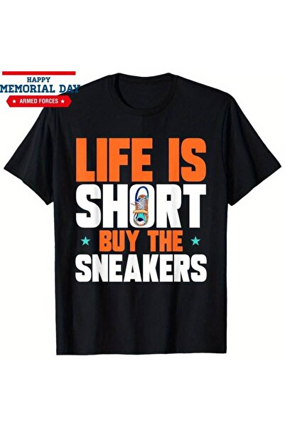 01THEONE تي شيرت رجالي بتصميم جرافيك، بتصميم شعار 'Life Is Buy The Sneakers'،...