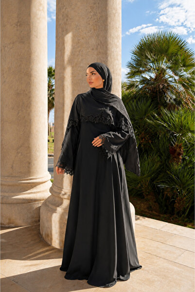 My Blog Black Satin Lace Detailed Long Dress - 2Y4951