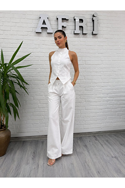Afri White 100% Linen Stand Collar Buttoned Vest and Trousers Set – Stylish, ...