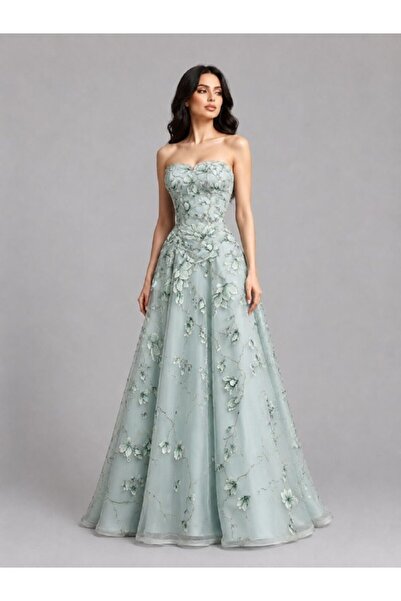 ranin Mint Green Evening Dress Computer Embroidery Tulle Cloche Mikado Lining