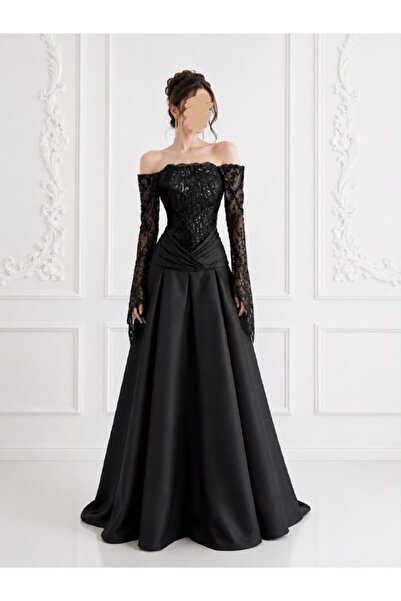 ranin Black Evening Dress with Beaded Mikado Bodice and Double Cloche Hemline