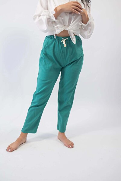 Mauri Pantaloni din in, verde-turcoaz, conici - L