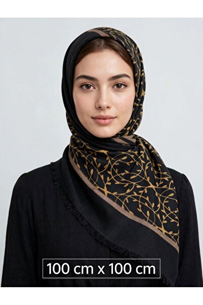 GÜZEL KAMAN Hijab for All Seasons, Black with Mustard Pattern, 1 Piece, High ...