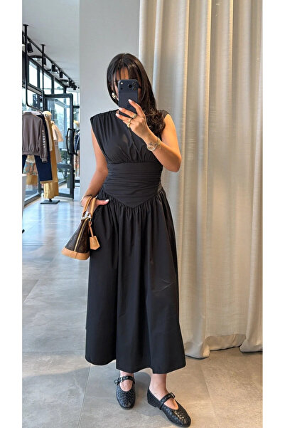 My Blog Black Draped Midi Poplin Dress with Waist Detail - 2Y4100