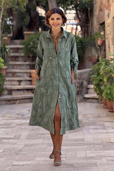 Nevin Kaya Moda Khaki Sequin Floral Italian Dress