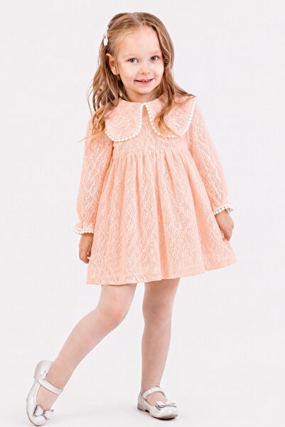 Amante Girl's Long Sleeve Muslin Dress with Lace Collar