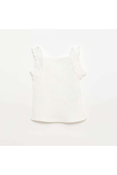 KIABI Ribbed Pointelle Tank Top with Ruffled Straps WHITE