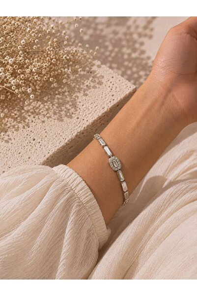 GUVDİN Modern Design Stone-Embellished Silver Color Bracelet - with Elegant D...
