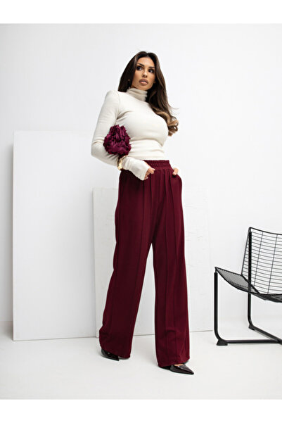 rue parıs Pantaloni Trening Dama Larga, Guler inalt, RUE PARIS, Bordo Casual ...