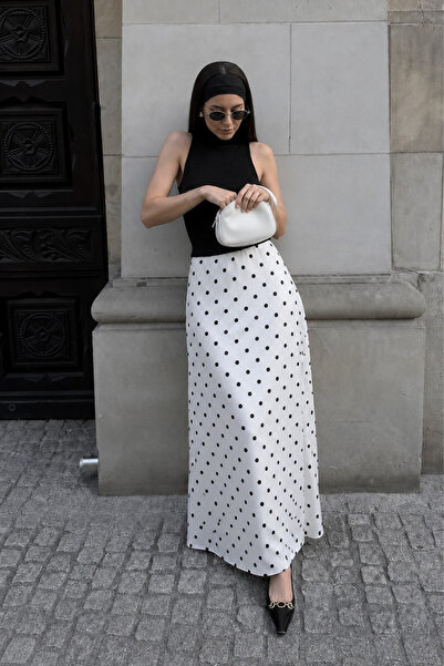 Seeh White Polka Dot Maxi Women's Satin Skirt Sh385