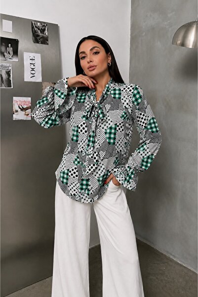 msm fashion Women's Blouse Patterned Long Sleeve Tie-Down Scarf Collar Comfor...