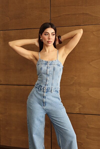 Avelis Prive Açık Mavi Denim Tulum | Bol Paça Jean Tulum