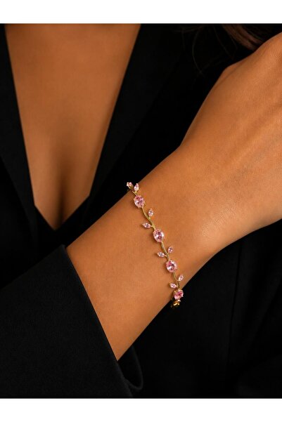 Melisa Takı & Aksesuar 316L Steel Gold Color Pink Stone Ivy Bracelet 18cm