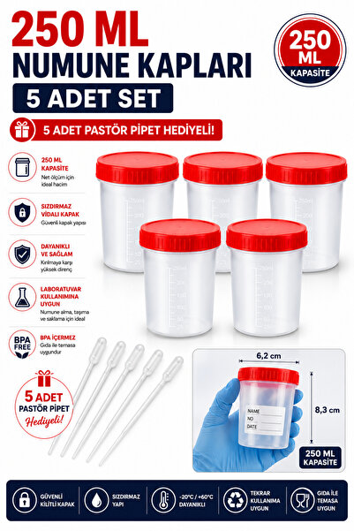 Arkhelais Numune Kabı 250 ml 5 Adet – Vidalı Kapaklı Gıda, Su ve Laboratuvar ...