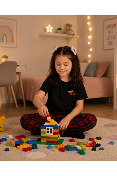 Kız Çocuk Pamuklu Ekose Pijama Takımı Kiraz Detaylı