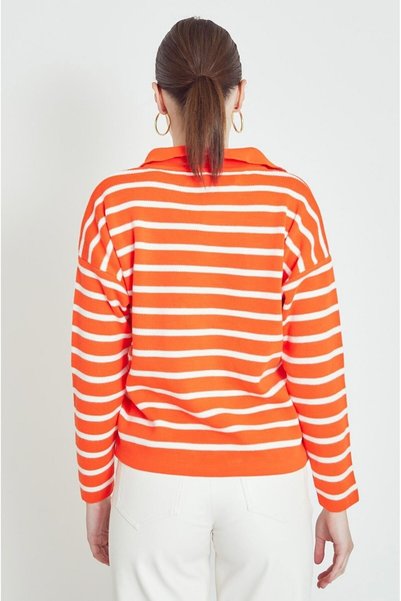 VARENZEA Women's Orange Oversize Polo Neck Striped Long Sleeve Knitwear Sweater Winter/Autumn