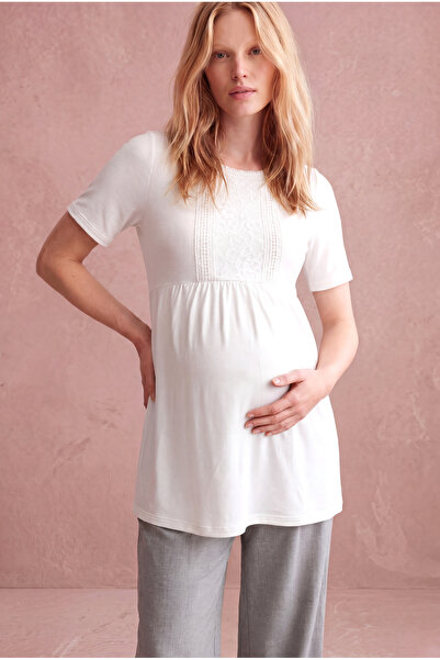 WESTMARK LONDON Maternity White Viscose Blended Crew Neck Short Sleeve Lace D...
