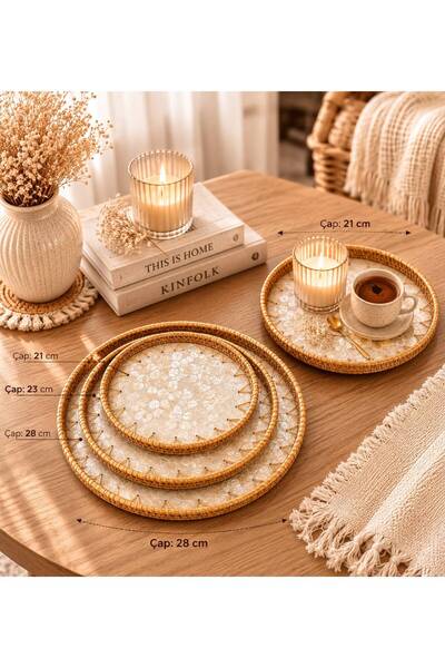 HEPBİMODA Sedefli Rattan Tepsi & Duvar Dekoru 3!lü Set Doğal Hasır Sunum Teps...