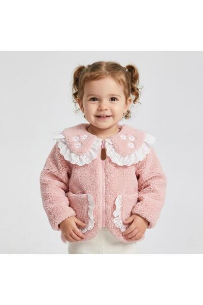 BİLGEN Style Cardigan de pluș pentru fete, cu guler cu volane, brodat, roz, h...