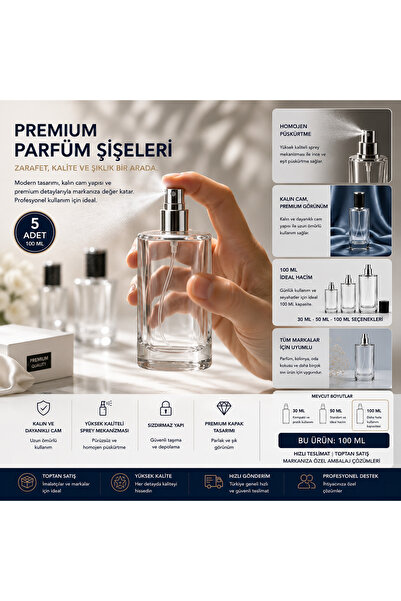 Mirkimya 5 Adet 100 ml Premium Boş Cam Parfüm Şişesi – Gümüş Sprey ve Siyah K...