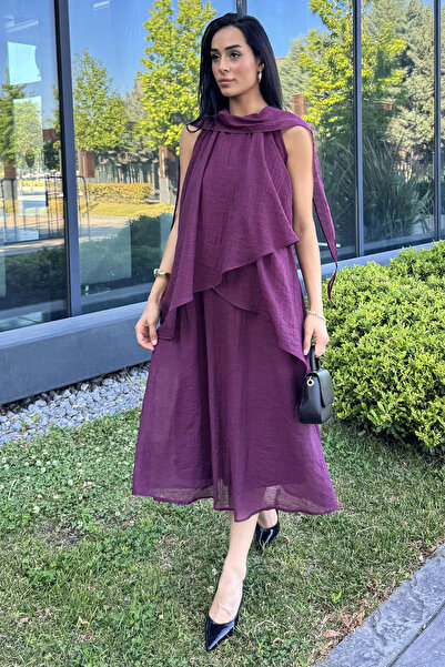 Aryena فستان نسائي من ميردوم بيري بتفاصيل متعددة الطبقات وشال على الكتف