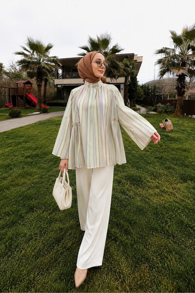 Lunfia Hakim Yaka Çizgili Astarlı Oversize Tunik - Sarı