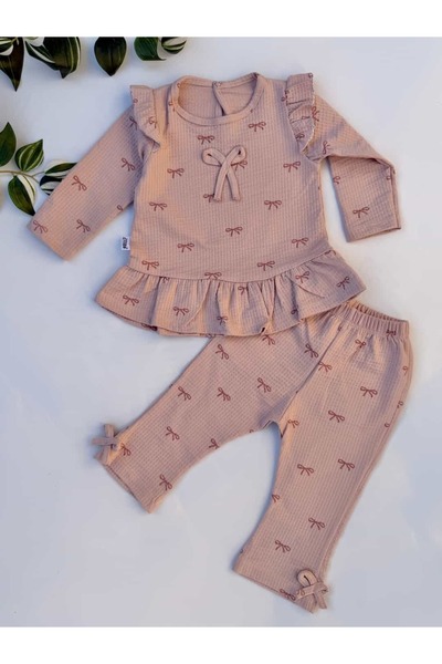 KapsülBebek Waffle Fabric Ribbon Patterned 2-Piece Baby Girl Set