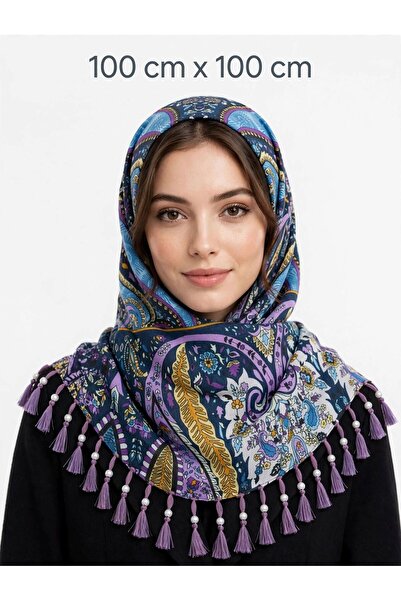 Huzurlu İpek حجاب رأس مزين بنقشة أزرق لافندر، جودة عالية، خفيف الوزن، مناسب ل...