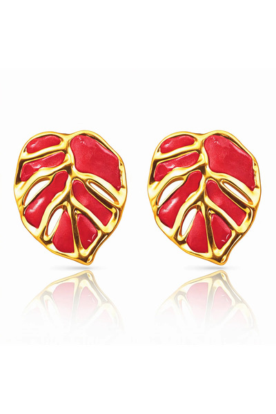 OEM Red Monstera gold earrings, stainless steel, with nature, 18K gold plated