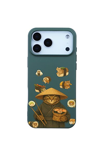 Casen iPhone 17 Pro Yeşil Kedi Tasarımlı Gimbap Cat Renkli Silikon Telefon Kı...