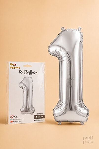 He2 Balloons Silver Folyo Balon 1 Rakamı 86 cm, Helyum Uyumlu Gümüş Renk 1 Ya...