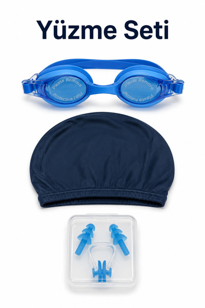 ByKurt Swimming Set Blue Goggles Swimming Cap Earplugs Nose Clip 4 Pieces