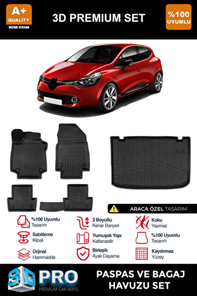 Nova Krom Renault Clio 4 3D Pro Havuzlu Paspas ve Bagaj Havuzu Seti (2'li SET...