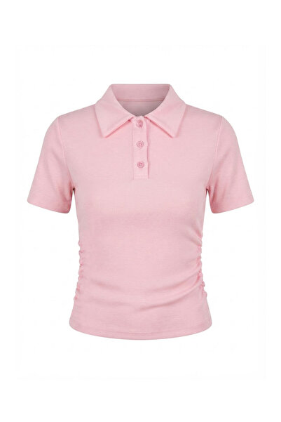 Crep Polo Collar Button Detail Waist Gathered Blouse Pink