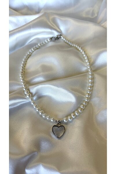 Eylülün Takısı Women's Silver Color Pearlescent Heart Pearl Necklace