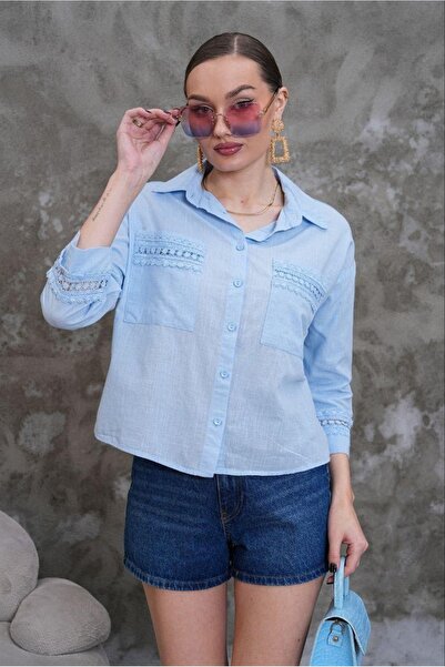 NEW JOURNAL Women's Blue Guipure Detailed Double Pocket Linen Shirt Pc028