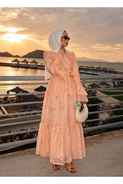 mara moda Diana 3 Boyutlu Çiçekli Organze Elbise Turuncu