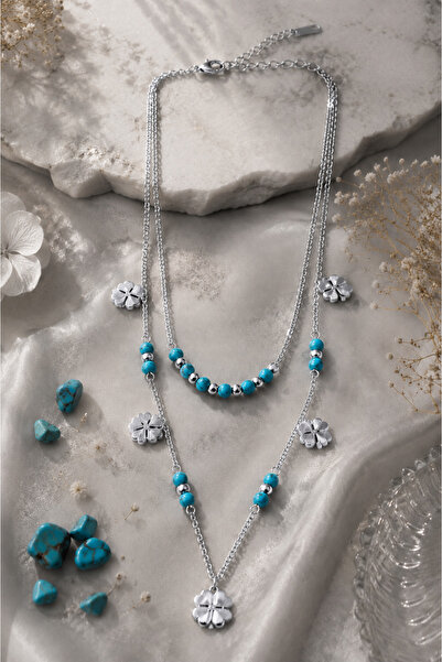 Sylvera Shop Clover Turquoise Stone Double Chain Steel Necklace (Silver Color)