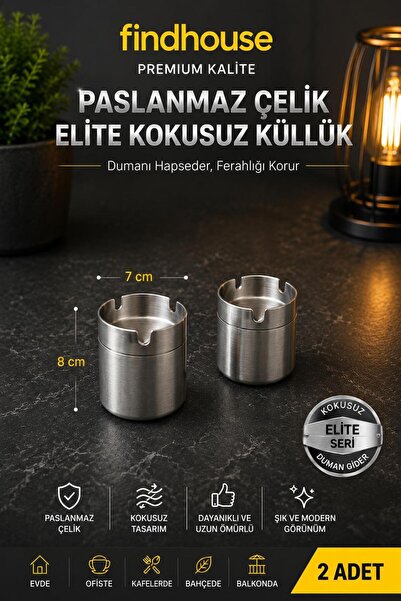 findhouse 2 ADET Premium Paslanmaz Çelik Kokusuz Kapaklı Küllük Oto , Ev , Of...