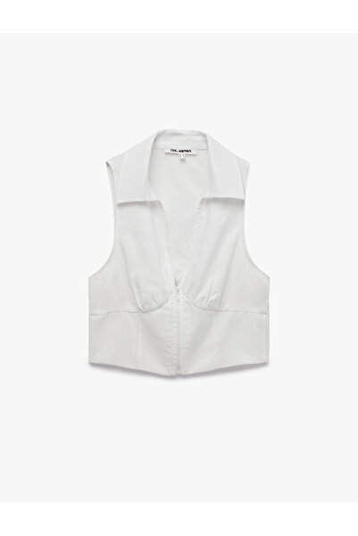 Koton V-Neck Sleeveless Zippered Linen Blouse
