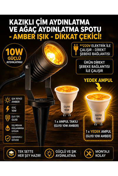 ECONA 220V AMBER Kazıklı Çim VE Ağaç Aydınlatma Spotu,Çim Spotu,Bahçe Lambası...