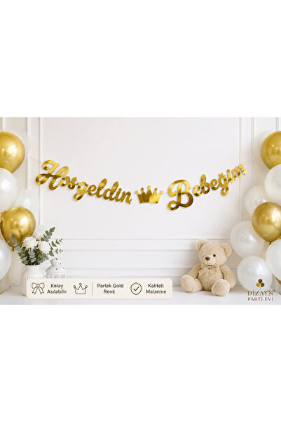Dizayn Parti Evi Hoş Geldin Bebeğim Gold Banner Kaligrafi Yazı – Taç Detaylı ...