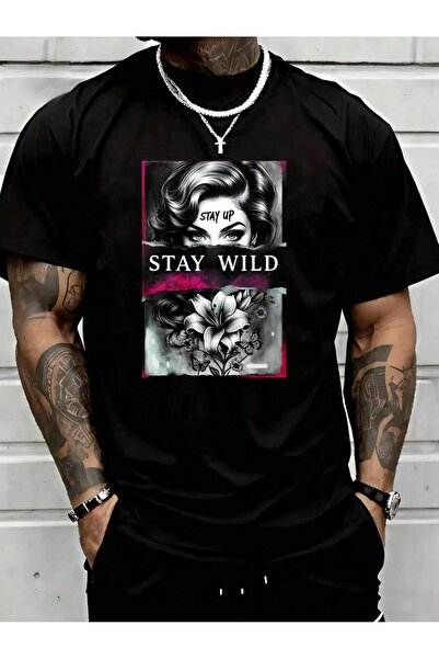 NOURAM تي شيرت رجالي بتصميم Wild Stay Up من القطن الأسود بأكمام قصيرة وتصميم ...