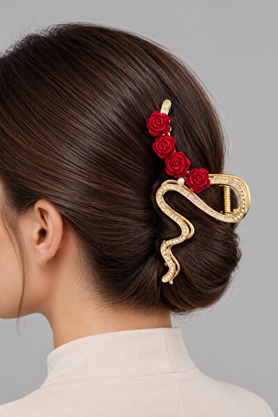 THE Steel Women's Gold Color Red Rose Stone Hair Clip