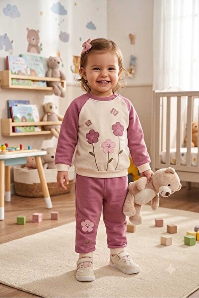 MyPrettyBaby طقم مكون من قطعتين للأطفال البنات، مطرز بتطريز زهور، بأكمام راجل...
